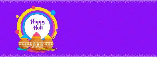 Website header or banner design with mud pot full of dry colours on purple background for Happy Holi celebration concept. vector