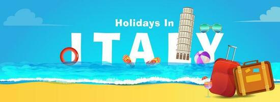 Summer Holidays In Italy, web banner design with travel bags, and stylish text Italy with the leaning tower or pisa and summer elements. vector