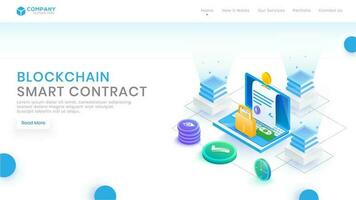 Blockchain smart contract website page design with online cryptocurrency application from laptop and data security management concept. vector