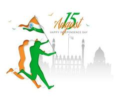 Silhouette of people holding flag and running in front of Red Fort for celebrating Indian Independence Day  poster or wallpaper design. vector