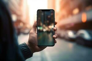 Man holding a smart phone with blurred background photo