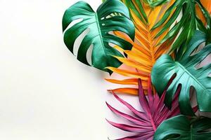 exotic summer ideas Arrangement of colorful tropical leaves on white background with copy space photo