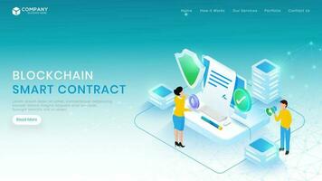 Advertising or promotion website template design with woman apply online form by laptop and cryptocurrency data security management for Blockchain Smart contract concept. vector