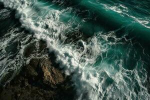 Aerial view of waves crashing against the rocks in the ocean. photo