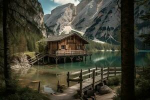 Wooden hut on Lake Braies in Dolomites, Italy photo