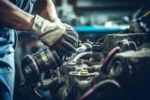 Auto mechanic working on car broken engine in mechanics service or garage. Transport maintenance wrench detial photo