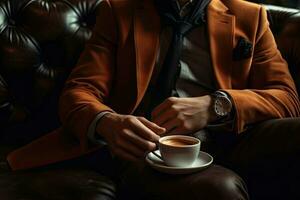 Close up. Young man in work clothes with hot coffee in a cafe photo