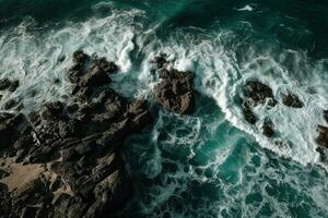 Aerial view of waves crashing against the rocks in the ocean. photo