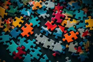 Colorful jigsaw puzzle pieces on a blue background with copy space photo