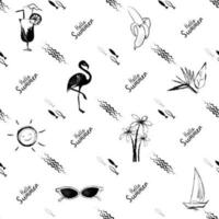 Seamless background with flamingos, palm trees, summer symbols, black and white sketch. Hand drawing, vector