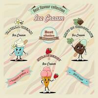 Set of cute 70s hippie ice cream characters and elements to create package design, menu, signboard, cover, poster. vector