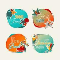 conjunto de verano emblemas, etiquetas con vacaciones citas. mar, palma árboles, tropical flores, conchas modelo para publicidad vacaciones en un tropical paraíso. vector