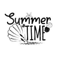 Summer time lettering with seashells, fish and waves, black and white sketch. Hand drawing, doodle, vector