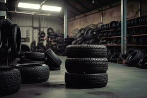 Mechanic service is changing new tires and wheels. on the garage background photo