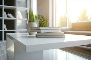 Close - up Modern white table top with free space to edit your product display with books above the living room blurred in the background photo