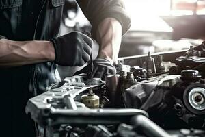 Auto mechanic working on car broken engine in mechanics service or garage. Transport maintenance wrench detia photo