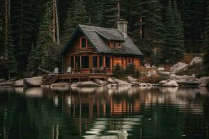 Old wooden house on the lake in the middle of the forest photo