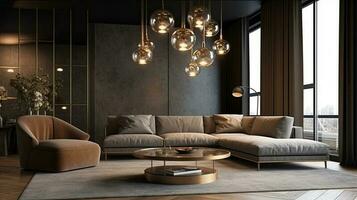 el interior diseño de el vivo habitación es elegante, minimalista y cómodo en un desván antecedentes. foto