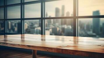 Wood table top on blur glass window wall building background photo