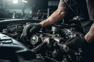 Auto mechanic working on car broken engine in mechanics service or garage. Transport maintenance wrench detia photo