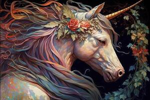 arco iris colores vistoso unicornio caballo. alfonso mucho Arte nuevo estilo ilustración generativo ai foto