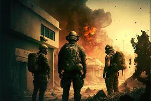 Soldier War in Ukraine explosions on backround illustration generative ai photo