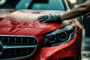 Close up man washing her car in a self - service car wash station. Car wash self - service photo