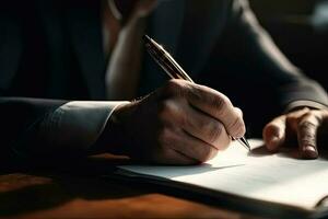 Close up, businessman signing  business deal contract photo