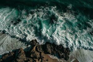 Aerial view of waves crashing against the rocks in the ocean. photo