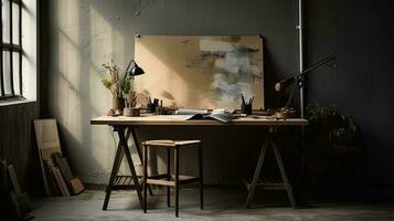 interior of modern artist studio with wooden easel, canvas, painting tools photo
