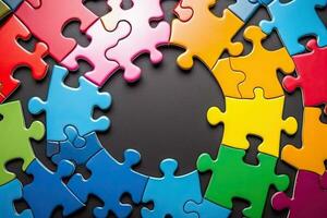 Colorful jigsaw puzzle pieces on a blue background with copy space photo