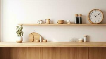 Interior of modern kitchen with white walls, wooden countertops, round wooden bowls with dried flowers and clocks. 3d rendering photo