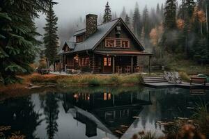 Old wooden house on the lake in the middle of the forest photo