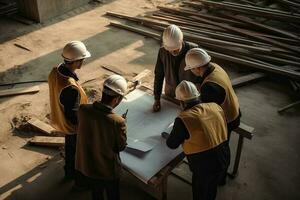 High angle view of group of engineers discussing over blueprint at construction site photo