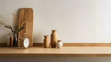 Interior of modern kitchen with white walls, wooden countertops, round wooden bowls with dried flowers and clocks. 3d rendering photo