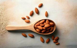 Almonds in a wooden bowl on a light wooden table. Leave space for text. remote top view photo