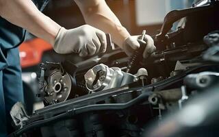 Auto mechanic working on car broken engine in mechanics service or garage. Transport maintenance wrench detial photo