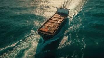 Close up top view image cargo ship sailing in the open sea photo