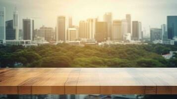 Wood table top on blur glass window wall building background photo
