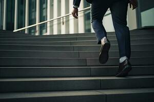 Close up young businessman feet sprinting up stairs office middle image photo