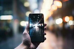 Man holding a smart phone with blurred background photo