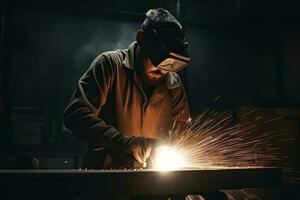 trabajador haciendo eléctrico molienda rueda en acero estructura en fábrica metal Procesando con un ángulo amoladora chispas en metal foto