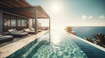 Swimming pool in luxury villa with sea view. 3d rendering photo