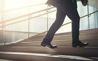 Close up young businessman feet sprinting up stairs office middle image photo