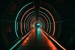 The background of a multi-colored neon tunnel that stretches into the distance photo