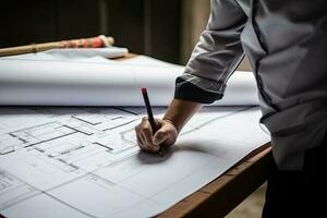 Architect or engineer working on blueprint at office building site. Engineering and architecture concept. photo