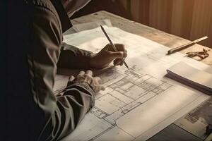 Architect or engineer working on blueprint at office building site. Engineering and architecture concept. photo