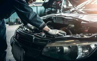 Auto mechanic working on car broken engine in mechanics service or garage. Transport maintenance wrench detial photo