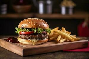 Cheese burger - American cheese burger with Golden French fries on wooden background photo