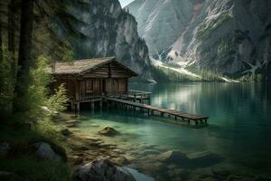 Wooden hut on Lake Braies in Dolomites, Italy photo